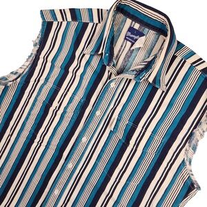 VTG Wrangler Sleeveless Western Shirt Mens L Blue Striped Button Down Rockabilly
